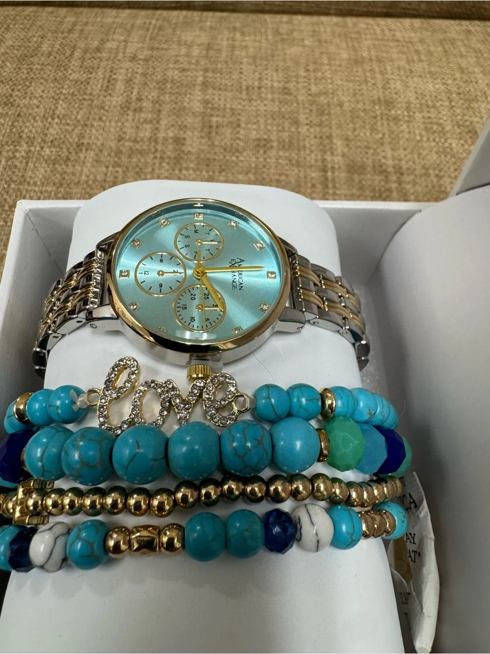 American Exchange Women’s Quartz Analog Two-Tone Blue Dial Bracelet Watch Box